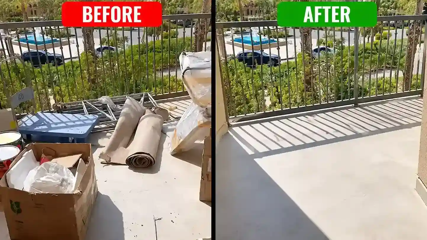 Balcony before and after junk removal in Dubai, boxes and an old rolled carpet taken away