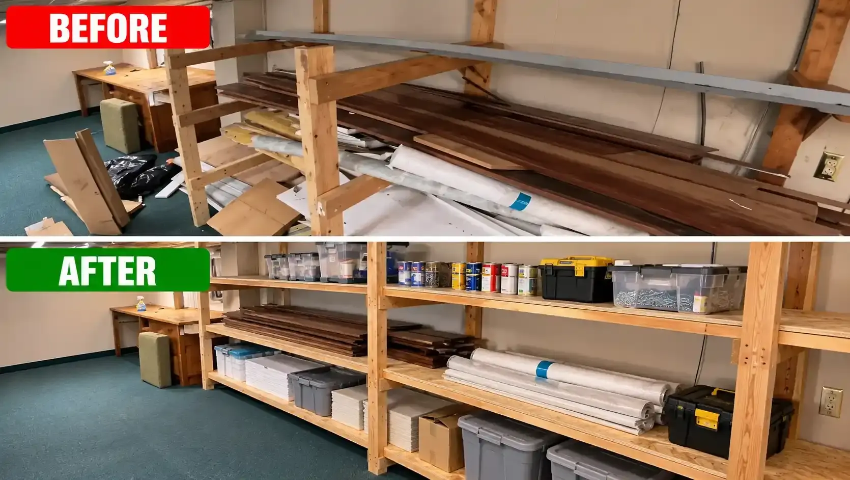 Timber offcuts and boxes cleared from basement shelves, before and after construction waste removal in Dubai