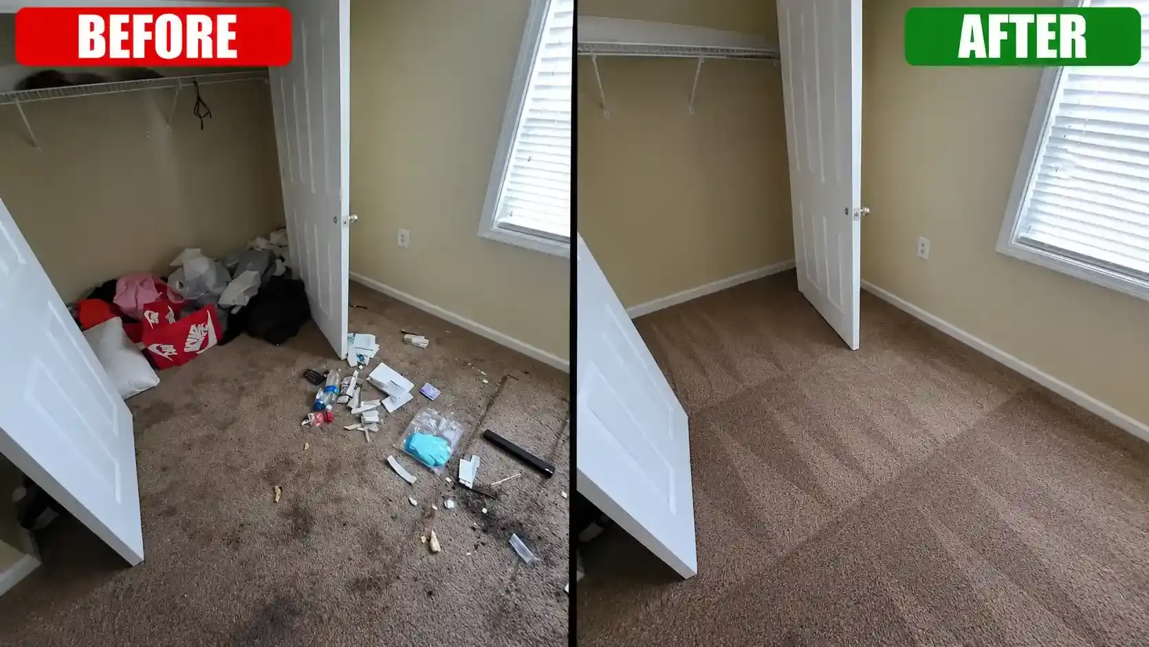 Bedroom closet before and after home junk removal in Dubai, floor cleared