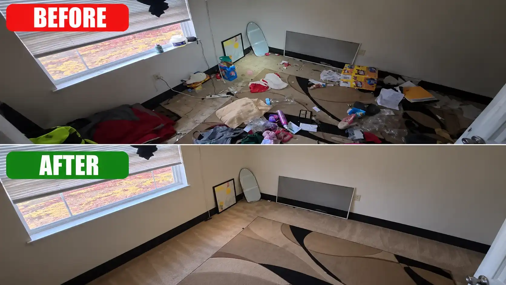 Bedroom before and after home junk removal in Dubai, rug cleared of clutter