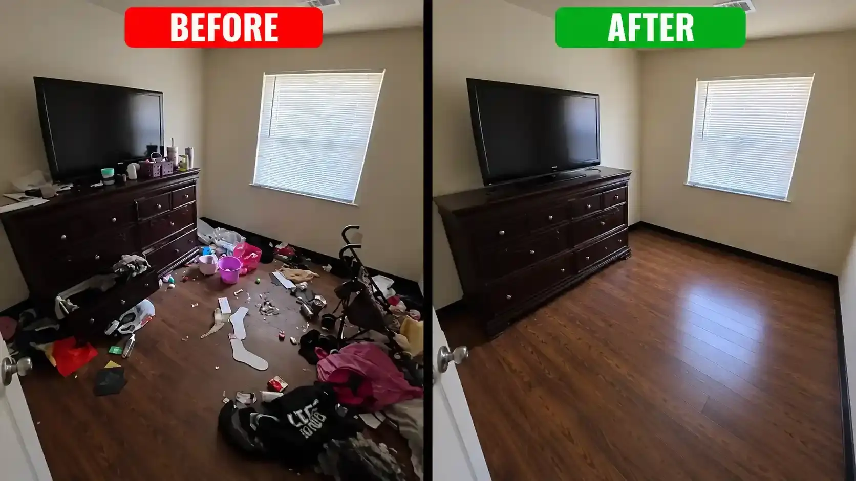 Bedroom before and after furniture removal in Dubai, clutter cleared around a dresser