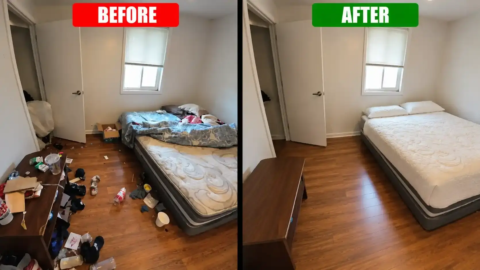 Bedroom before and after furniture removal in Dubai, bed cleared and floor emptied