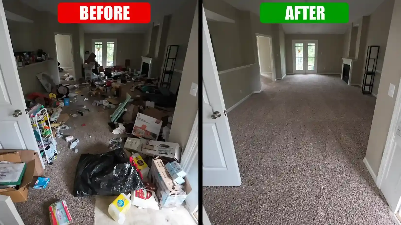 Living room before and after home junk removal in Dubai, carpet cleared of toys and clutter