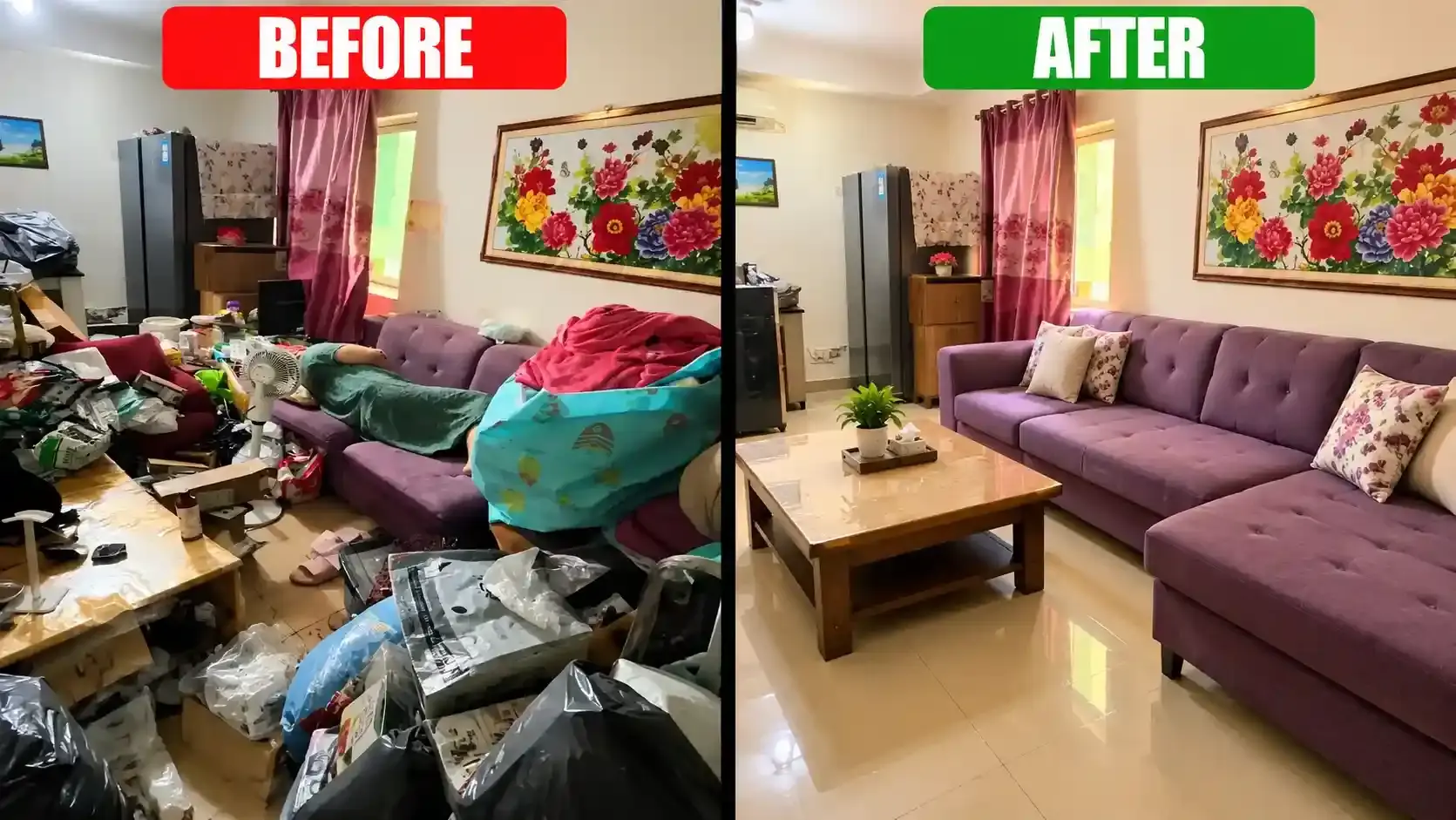 Living room before and after junk removal in Dubai, bags and clutter cleared around the sofa