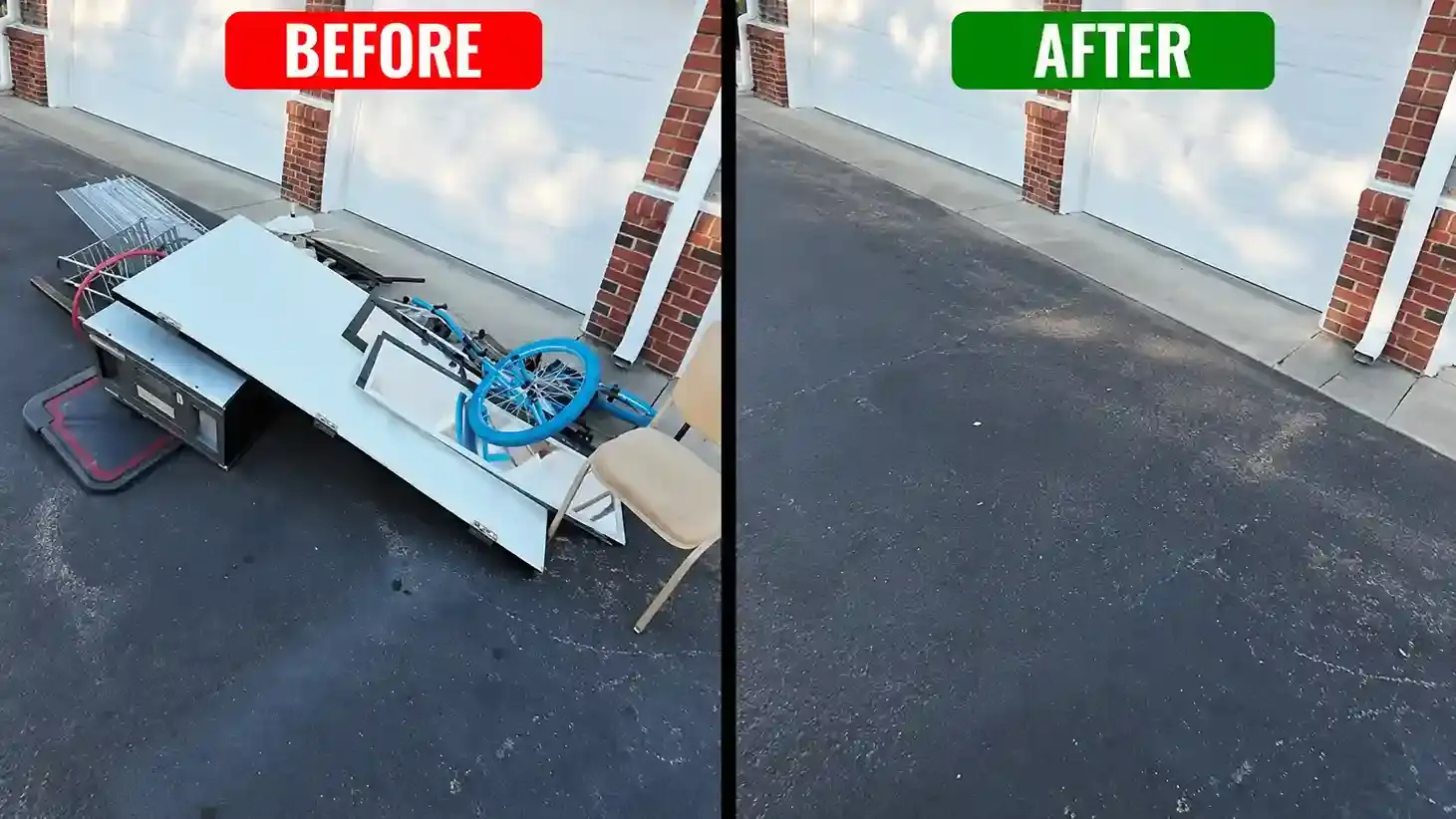 Scrap metal sheets and an old bike cleared from a Dubai villa driveway, before and after