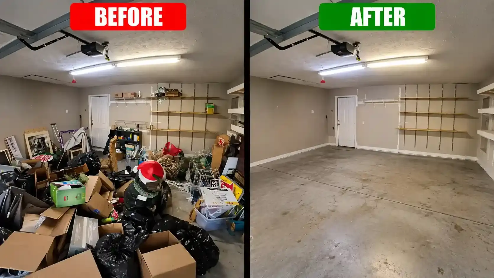 Villa garage before and after junk removal in Dubai, bags and boxes cleared