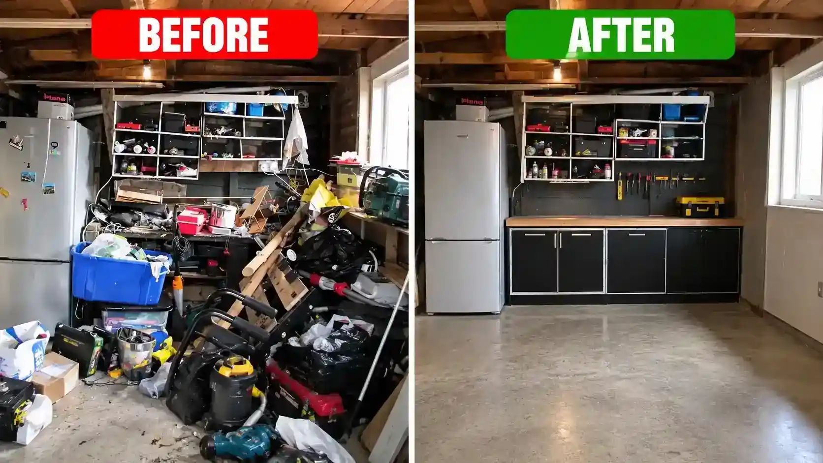 Workshop garage before and after waste removal in Dubai, tools, bins and debris cleared