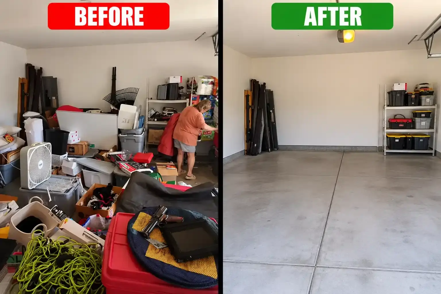Garage before and after junk and debris removal in Dubai