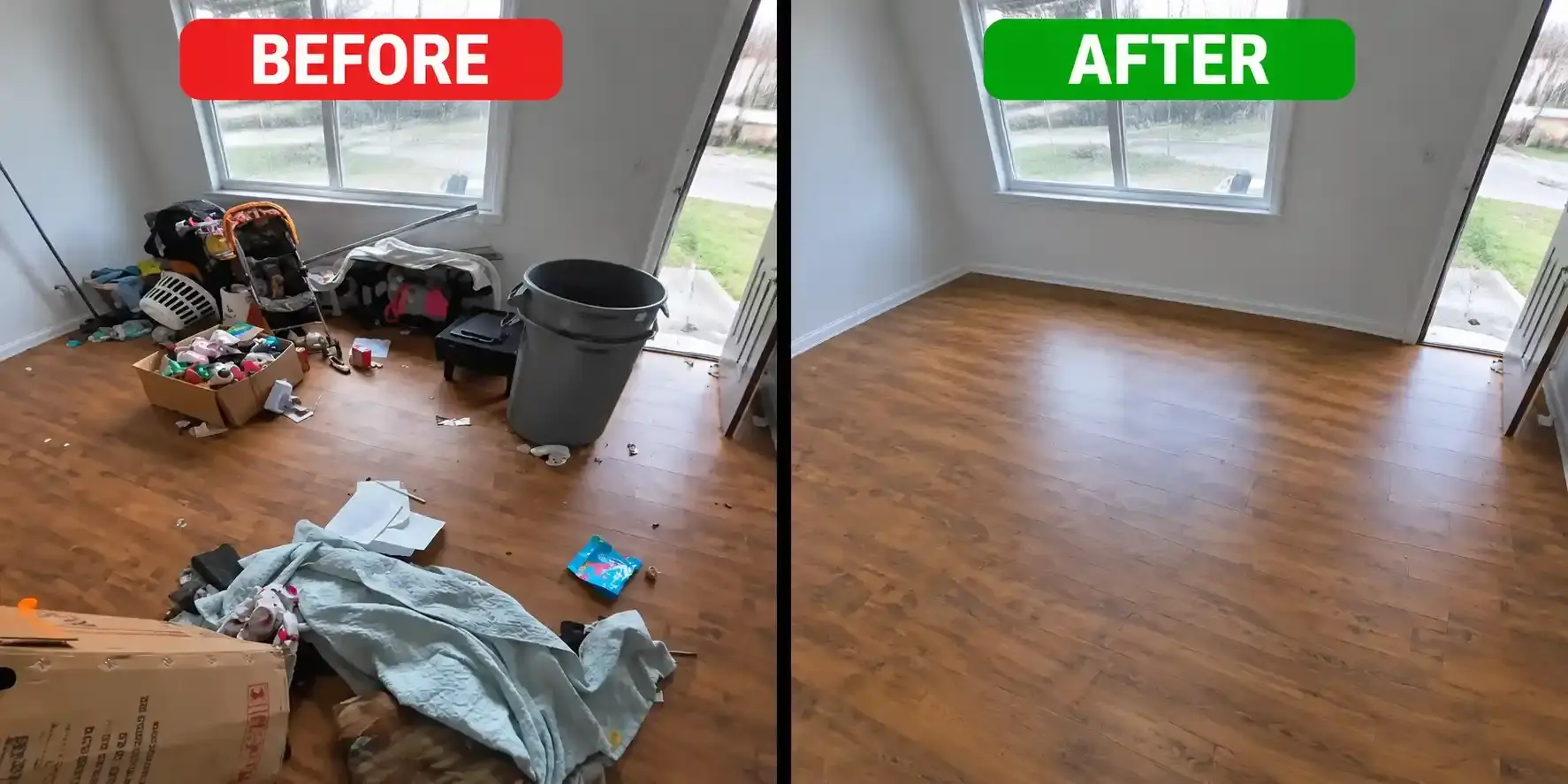 Living room before and after a junk removal service in Dubai, bin, boxes and clutter cleared