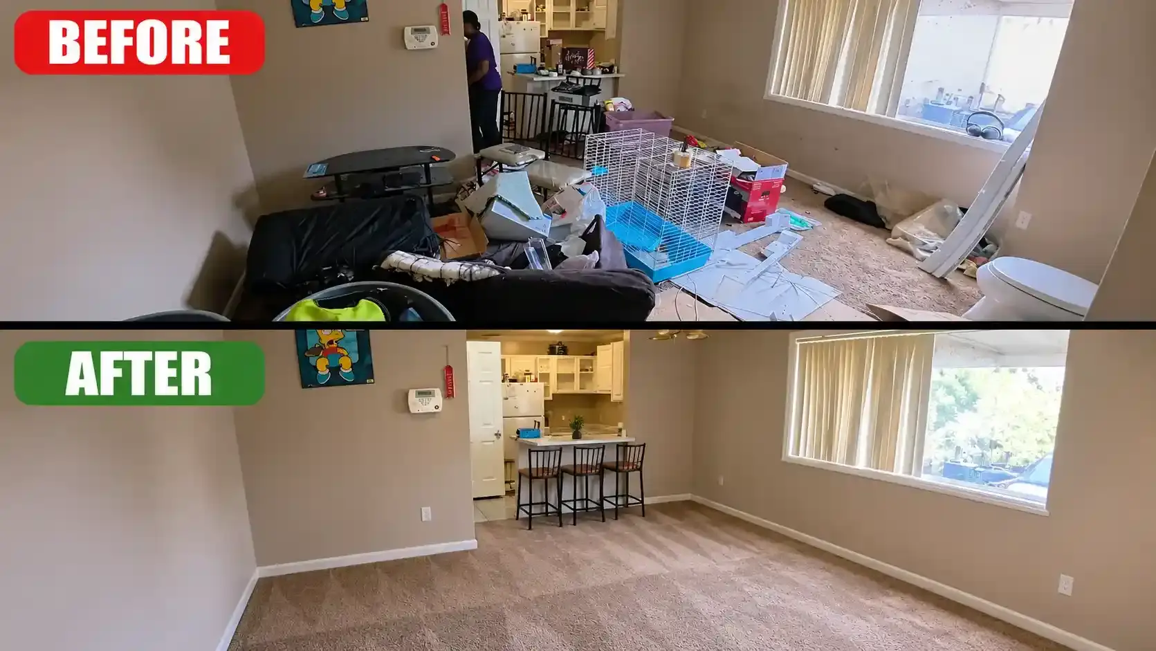 Apartment living room before and after our junk removal service in Dubai