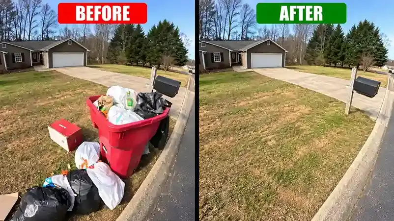Villa front yard before and after junk removal in Dubai, trash bags and a full bin taken away