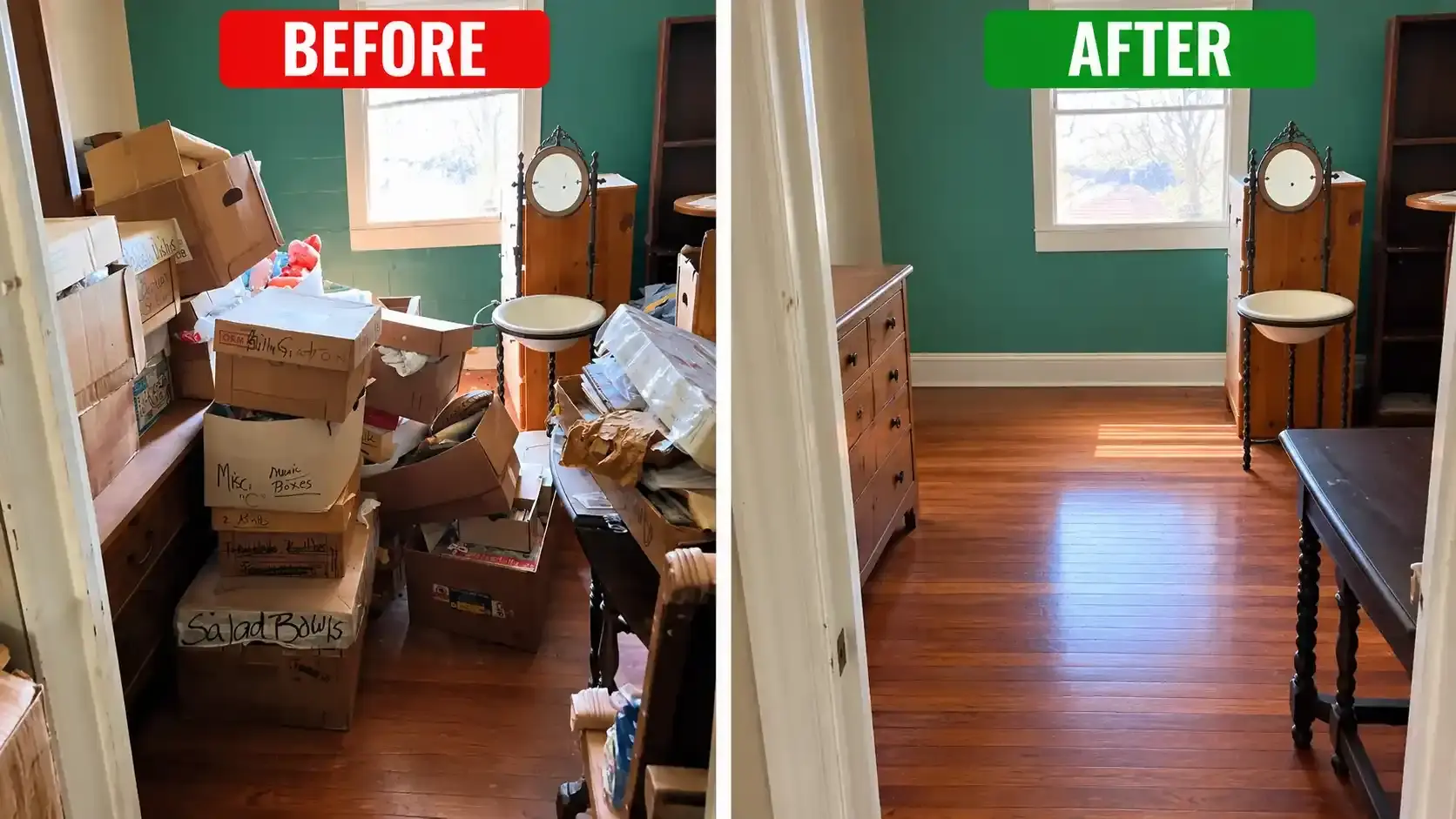 Boxes and old wooden furniture cleared from a Dubai room, before and after furniture disposal