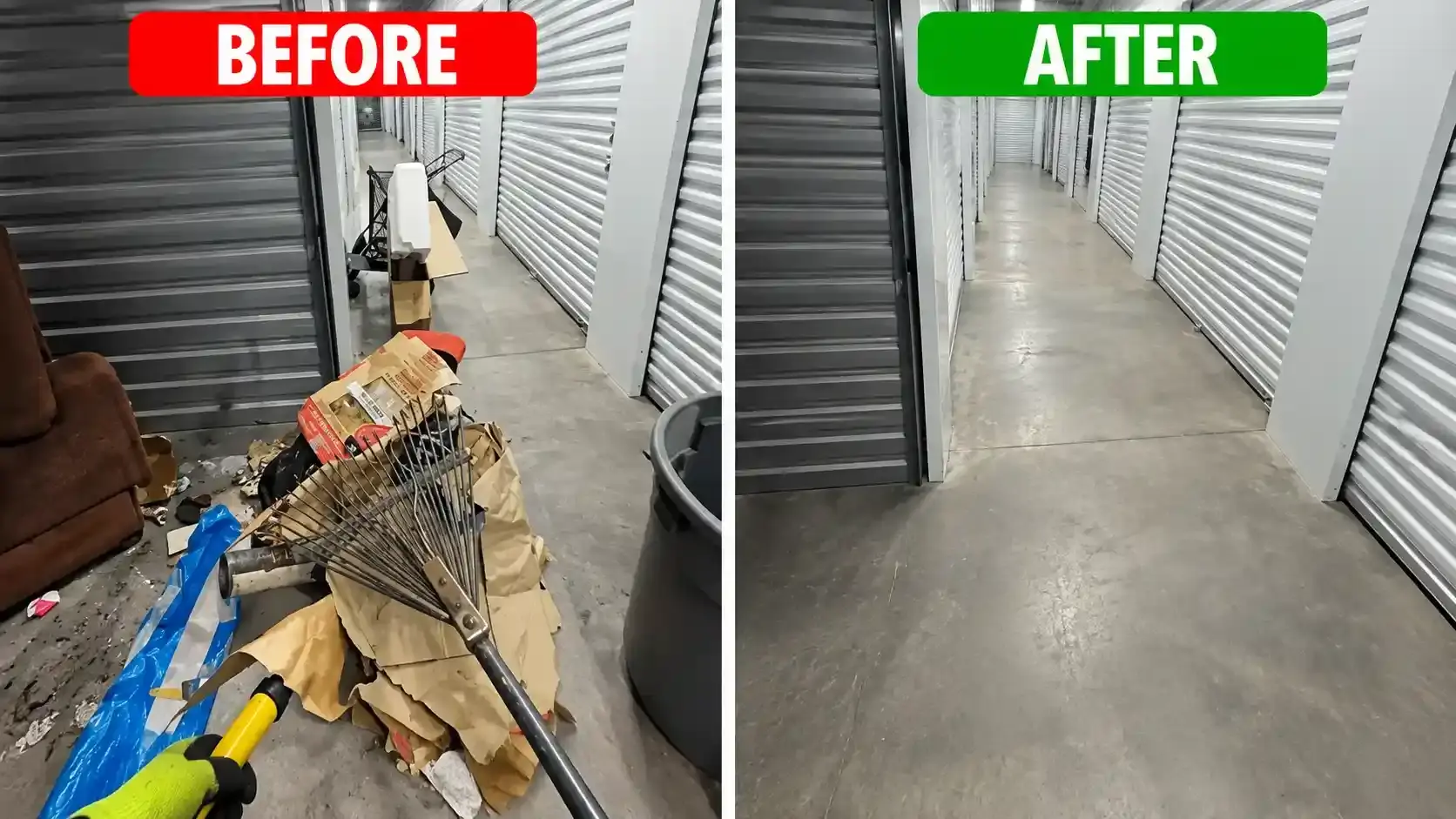 Corridor before and after debris removal in Dubai, cardboard, a rake and leftovers cleared