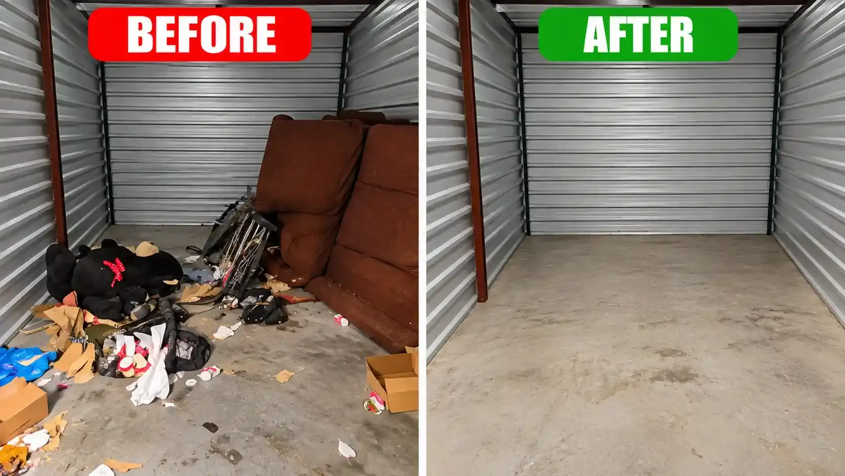 Old sofa and broken furniture cleared by our junk removal service in Dubai, before and after