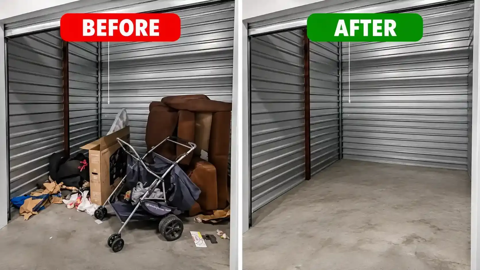 Storage unit before and after junk removal in Dubai, sofa, stroller and boxes cleared