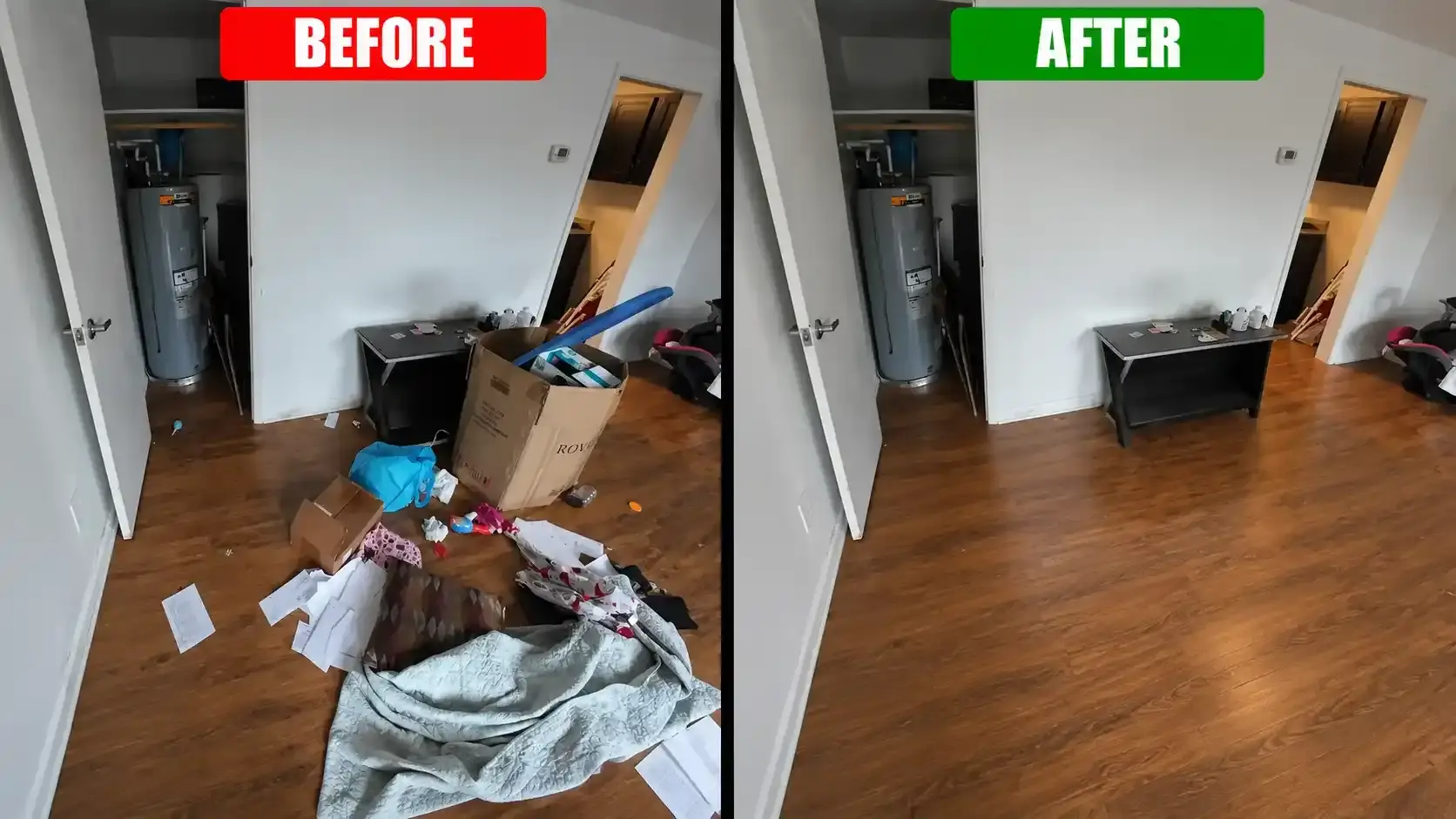 Utility room before and after junk removal in Dubai, clutter cleared from beside the water heater